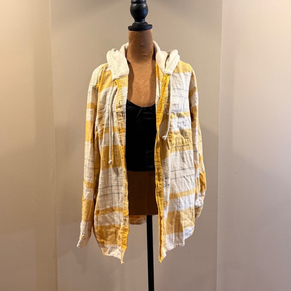 American Eagle Hooded Flannel Womens M Yellow Plaid Button Up Grunge Cabin Indie